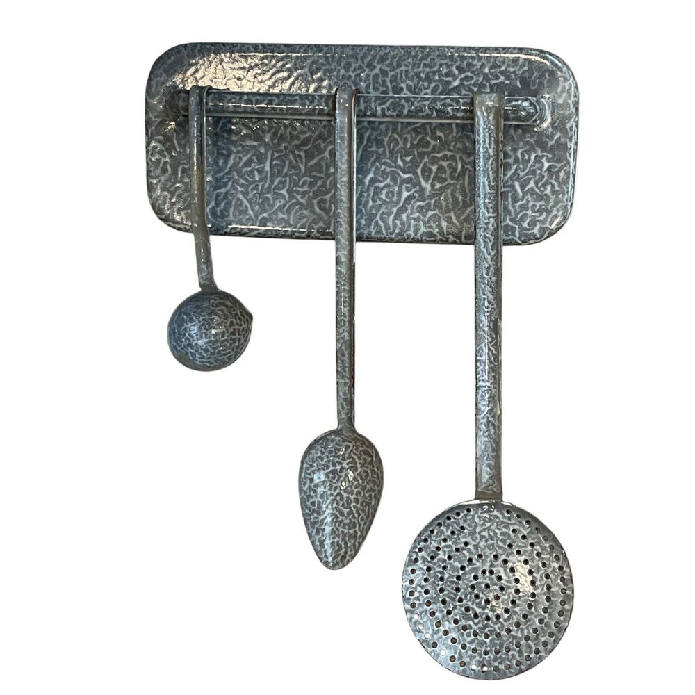 Vintage Gray Enamelware Utensil Set Wall Rack with Ladle‎ Spoon and Strainer